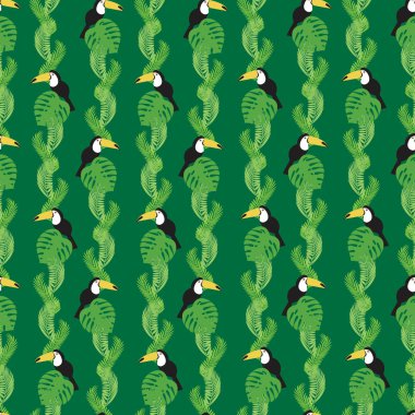 Tukan pürüzsüz desen, yeşil doku. Tropik düz vektör stok çizimi. Tukan, egzotik canavar yaprakları. Kumaş, doku üzerine baskı yapmak için egzotik tukanla süslenmiş kusursuz bir süs.