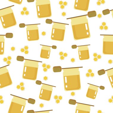 Bal ve bal peteği dikişsiz desen. Düz vektör stok çizimi. Kavanozdaki sarı bal izole edilmiş. Kumaş ve tekstil baskısı için doku. Banska bal dokusuyla sevimli illüstrasyon