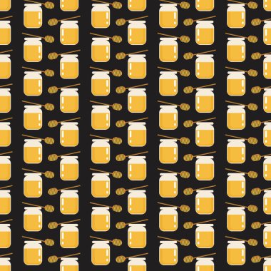 Kusursuz desen izole edilmiş, bal kavanozu. Düz vektör stok çizimi. Kaşıklı bir kavanoz bal. Altın tatlı yemek, süs, desen. Bal kavanozunun kusursuz tekrarı