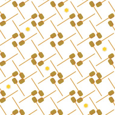 Bal kaşığı ve bal peteği deseni. Düz vektör çizimi. Yemek eşyasıyla doku. Süs, arkaplan, paketleme üzerine baskı yapmak için zemin. Bala karşılık kaşık. İzole illüstrasyon