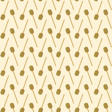 Bal kaşığının dikişsiz şekli. Düz vektör çizimi. Yemek eşyasıyla doku. Paketleme üzerine yazdırma için sonsuz desen. Bal için tahta kaşık. İzole illüstrasyon