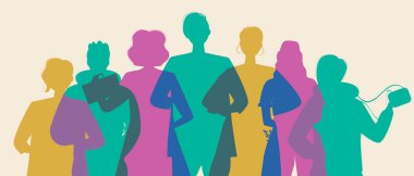 Üniversite öğrencilerinin ya da okul çocuklarının silueti. Düz vektör stok çizimi. Gençler ya da gençler. Öğrenme konsepti. Modern gençler, takım olarak öğrenciler. Siluet illüstrasyonu