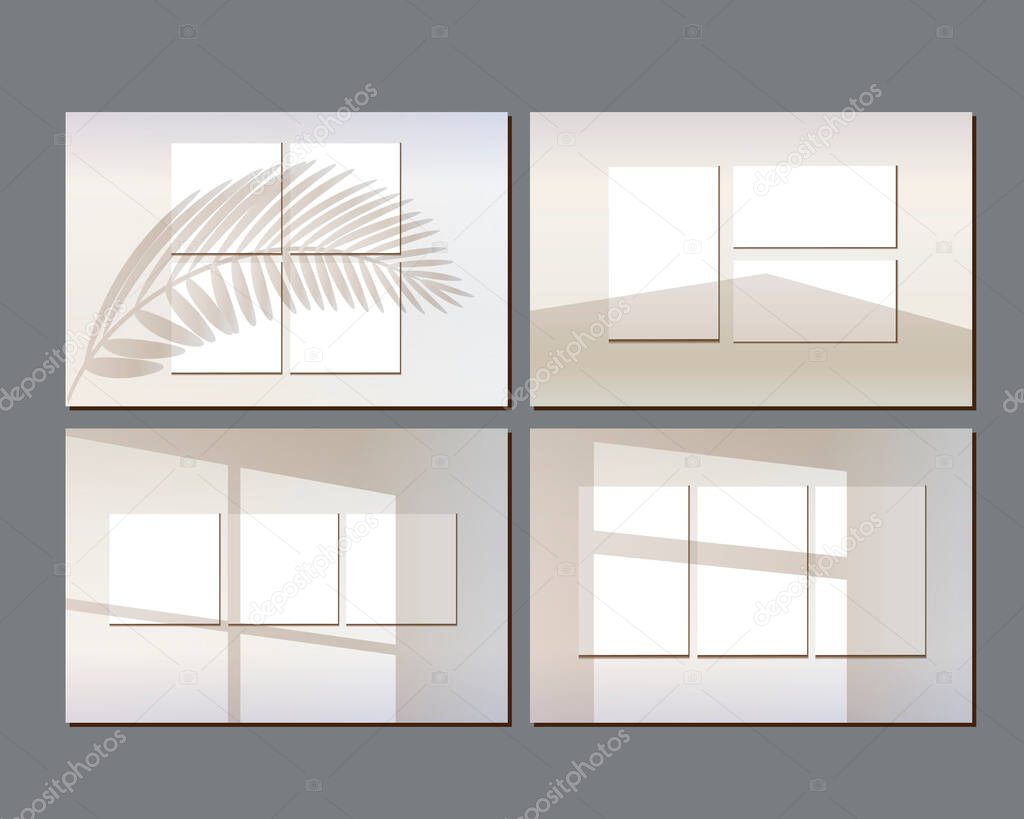 Set of templates, window shadow with leaves, realistic vector stock illustration as mockup or overlay template with shadow for design