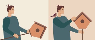 Kuş evi olan adam izole edilmiş. Düz vektör stok çizimi. Kuşlar için kuş yuvası. Ornatholoji konsepti. Doğayla ilgilenmek. Çevre dostu yaşam tarzı. Kuşlara bakıyorum. Vektör illüstrasyonu