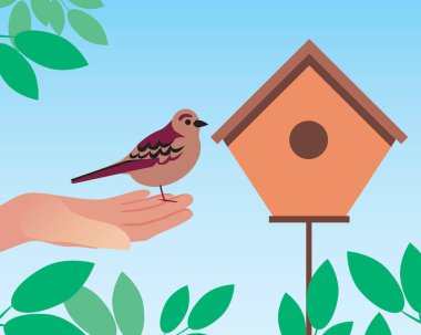 Yemliğin yanındaki kuş. Düz vektör stok çizimi. Çevre dostu, kuşbilim konsepti. Kuşlu bir adam. Kahverengi düz serçe. Yaprakları ve elleri olan şirin bir vektör çizimi