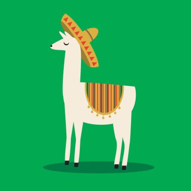 İzole edilmiş şapkalı Lama. Düz vektör stok çizimi. Meksika ya da Latin Amerika 'da geleneksel lama. Hayvan ya da Meksikalı evcil hayvan. Geleneksel parlak renkler. Çocuk çizimi