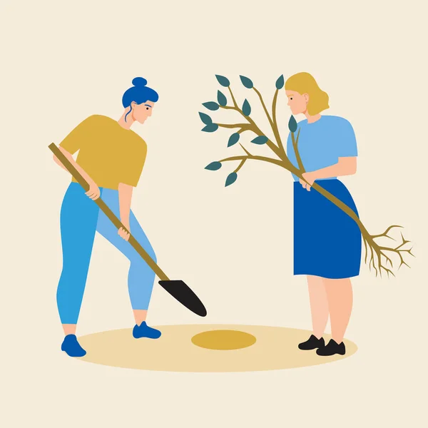 Las Voluntarias Plantan Árboles Juntas Ilustración Vector Plano Plantación Árboles — Archivo Imágenes Vectoriales