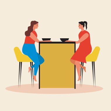 LGBTQ çifti, birlikte boş zaman geçirmek. Düz vektör stok çizimi. Lezbiyenler, kız arkadaşlar ya da lgbtq kadınları birlikte akşam yemeği yerler. İnsanlar konuşuyor. Birkaç boş zaman konsepti. Vektör grafikleri