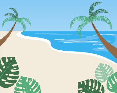 Mayın için deniz manzarası. Düz vektör stok çizimi. Kaplanacak deniz. Şablon, arkaplan, yapraklı arka plan. Metin için yer şablonu. Deniz illüstrasyonu