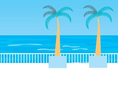 Bir kopya uzay şablonu olarak deniz manzarası. Düz vektör stok çizimi. Kaplanacak deniz. Şablon, arka plan, palmiye ağaçları. Metin için beyaz alan. Güneşli yaz çizimleri