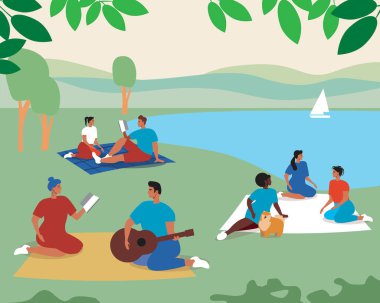 Piknik arkadaşları, doğadaki çiftler. Düz vektör stok çizimi. Çimlerin üzerinde piknik. Arkadaşlar dinleniyor. Hobi, birlikte hafta sonu. Yazın piknik. Farklı insanlar. Çok kültürlü illüstrasyon