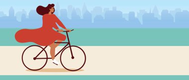 Kadın bisikletçi ve fotokopi makinesi. Düz vektör stok çizimi. Elbiseli bir bisikletçi. Çevre dostu yaşam tarzı konsepti. Doğa, şehir. Bisikletçi bisiklet sürüyor. Çevre dostu bisiklet gezisi. Vektör grafikleri