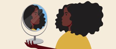 Afro kadın, ayna izole. Düz vektör stok çizimi. Afrikalı kadın yüzü. Pozitif vücut kavramı, farklı güzellik. Buklelerin yansıması, ayna. Afro saç stili. Güzel çizim