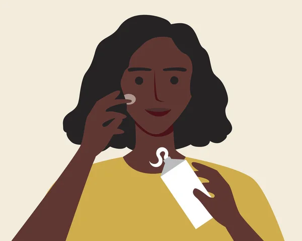 Afro Péče Pleť Plochá Vektorová Ilustrace Žena Krémem Obličej Izolovaná — Stockový vektor