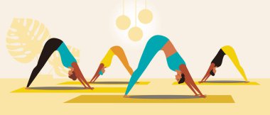 Yoga sınıfı, aşağı bakan köpek pozu, eğitmenle yoga yapan genç bayanlarla düz vektör stok çizimi.