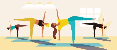 Yoga sınıfında yoga yapan kadınlar, aktif esnek insanlarla yassı vektör stok çizimi ya da bacak için kadın grup uygunluğu