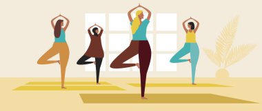 Çeşitli kadınlar birlikte yoga yapıyor. Düz vektör stok çizimi. Yoga sınıfındaki bir grup insan. Müslüman, Avrupalı, Arap bir kadın. Spor ve aktivite konsepti. Vektör grafikleri