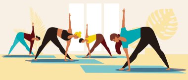 Yoga eğitmenleri ve grup egzersizleri, bir grup kadının aktif bir grup olarak yoga sınıfı olarak gösterildiği düz vektör stok çizimi