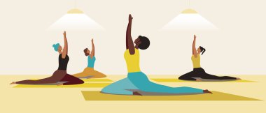 Esneklik için esneme hareketi yaparken Afro yoga eğitmeni, düz vektör stok çizimi
