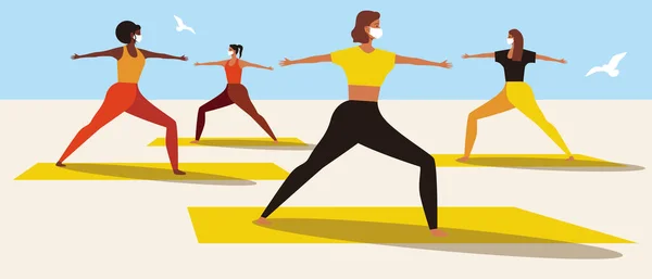 Yoga Kurs Strand Quarantäne Illustration Mit Einer Gruppe Von Frauen — Stockvektor