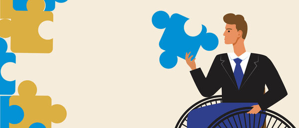 Инвалидный бизнесмен с головоломкой. Плоский векторный инвентарь. Элемент головоломки. Инвалид работает в бизнесе в качестве достижения. Шаблон с пространством для копирования. Векторная графика