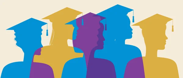 Profildeki mezunların silueti izole edilmiş. Siluet vektör stok çizimi. Balodaki insanlar. Üniversite mezunu lisans ve yüksek lisans öğrencileri. Renk çizimi. Vektör grafikleri
