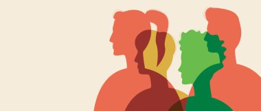 Kopya uzay şablonu olarak izole edilmiş çok kültürlü insanlar. Renkli vektör stok çizimi. Farklı ırktan. Erkek ve kadın etnoğullarının çeşitliliği. Mesaj için arkaplan. siluet illüstrasyonu