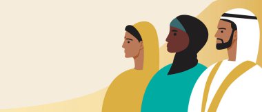 Çeşitli dindar insanlar, uzay şablonunu kopyalayın. Düz vektör stok çizimi. Budist, Yahudi, Müslüman insanlar.