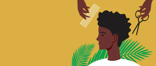 Afro Person Mit Unisex Frisur Schneidet Haare Flache Vektoraktiendarstellung Vorlage — Stockvektor