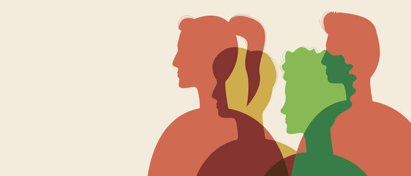 Multicultural people isolated as copy space template. Color vector stock illustration. Different race. Variation of the ethnos of men, women. Backdrop with place for text. silhouette illustration