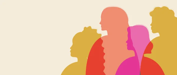 Genç feminist kadınlar, uzay şablonunu kopyalayın. Düz vektör stok çizimi. Güzel kadınlar birlikte. Farklı bir güzellik. Etnik varyasyon. Mesaj için boş bir arkaplan. siluet illüstrasyonu