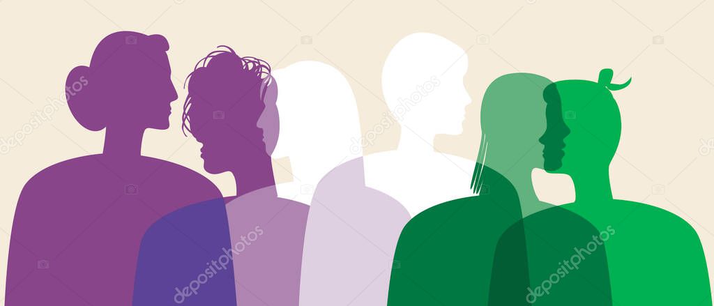 Genderqueer people, non-binary people. Silhouette vector stock illustration. Genderqueer as a LGBTQ community, triggered, binary, agender. People's faces in profile. Isolated illustration