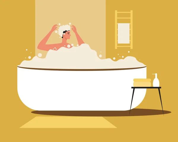 Young Woman Washing Hair Bath Flat Vector Stock Illustration Relax — Stock Vector