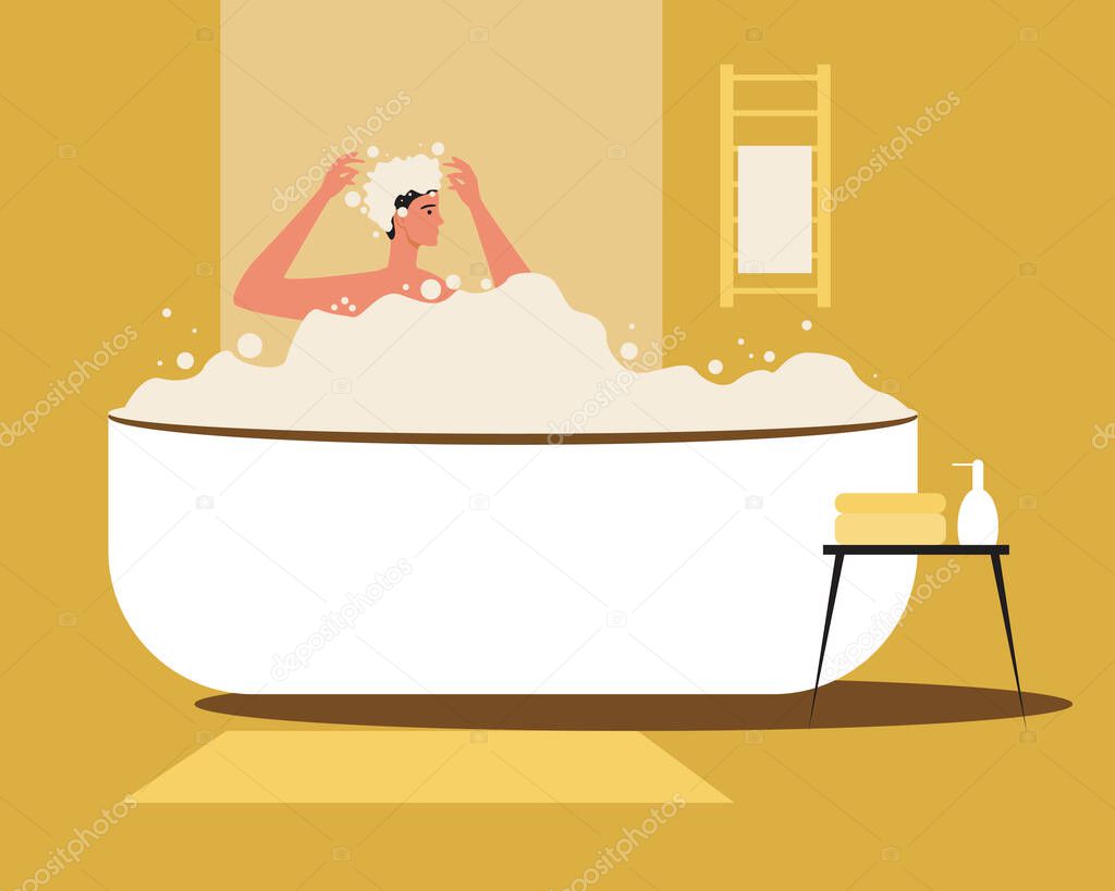 Young woman washing hair in the bath. Flat vector stock illustration. Relax in the bathroom at home. Shampooing as hair care. Washing in a bubble bath. The person is resting