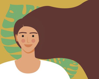 Uzun saçlı güzel bir kadın, uzay şablonunu taklit ediyor. Düz vektör stok çizimi. Genç, güzel bir insan. Uzun, güzel saçlar. Kuafördeki müşteri. Tasarım illüstrasyonu