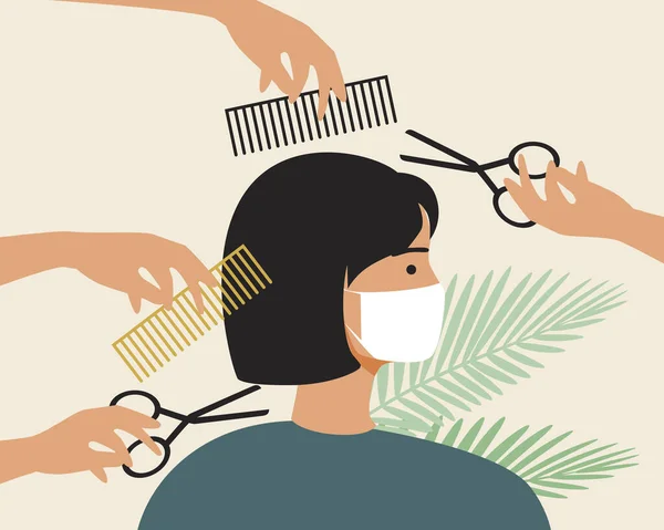 Woman Facial Mask Cutting Hair Flat Vector Stock Illustration Young — Stock Vector