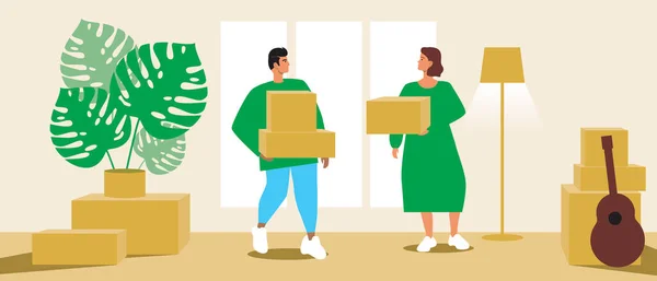 Pareja Con Cajas Apartamento Movimiento Ilustración Vector Plano Las Cosas — Archivo Imágenes Vectoriales