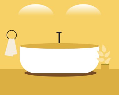 Küvetli banyo ve hiç kimse, kalıp ya da fon yok. Düz vektör stok çizimi. Sarı banyonun içi. Su tesisatı olan banyo. Havlu ve modern ışık. Basit illüstrasyon