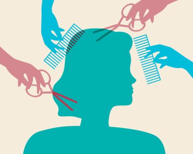 Kadın tıraşı. Siluet vektör stok çizimi. Kuafördeki müşteri. Kuaför, makas ve tarak ustası. Kuaför. Renk illüstrasyonu