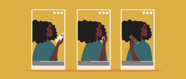 Video Vooruitgang Schoonheid Blogger Platte Vectorvoorraadillustratie Afro Vrouw Krullend Haarverzorging — Stockvector