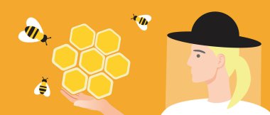 Bal petekli arıcı, eko arıcı. Düz vektör stok çizimi. Ballı bal peteği. Arıların korunması. Çevre dostu bal üretimi. Kadın arıcılık işinde.