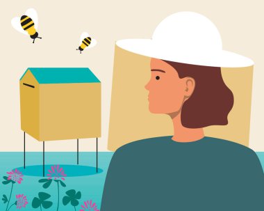 Arı kovanında arı maskesi takan kadın arıcı. Düz vektör stok çizimi. Çiftlik bahçesinde çalışan biri. Bal peteği üretimi için arılar. Yoncadan bal, çiçekler. Vektör grafikleri