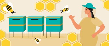 Arı kovanındaki kadın arıcı. Düz vektör stok çizimi. Bal petekli arı evi. Çiftlik işi arıcılık. Bahçedeki kadın. Bal üretimi. Vektör grafikleri