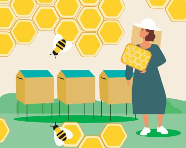 Arılarla arı kovanında çalışan bir kadın. Düz vektör stok çizimi. Kurtarma arıları. Bal üretimi. Bal petekli arı yetiştiricisi. Arıcılık konsepti. Vektör grafikleri
