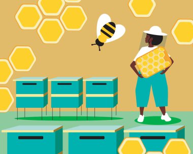 Arılı Apiary. Düz vektör stok çizimi. Elinde bal peteği olan afro arıcı kadın. Arı evleri. Organik bal üretimi. Doğal ürün. Vektör grafikleri