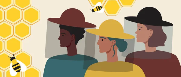 Imkerinnen Flache Vektoraktiendarstellung Menschen Mit Bienen Auf Dem Bienenstock Imker — Stockvektor
