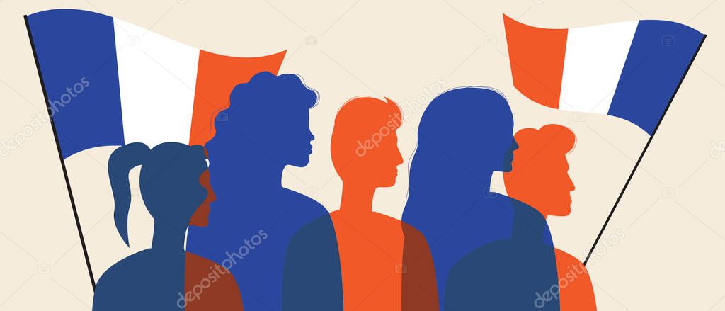 Silhouettes of the French with the flag of France. Color vector stock illustration. People are French citizens. The crowd is waving the flag. The concept of pride. Silhouette illustration