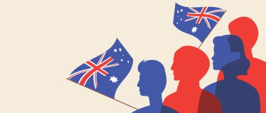 Silhouettes of the Australians, copy space template. Color vector stock illustration. People with the flag of Australia. Citizens are patriots. Overlay template. Illustration with place for text clipart