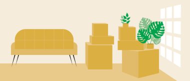 Mallarla dolu bir daire. Düz vektör stok çizimi. Uzay şablonunu kopyala, başkasını değil. Boş odalar ve kutular, kasalar dolusu eşyalar. Dairede tasarım yapacak kimse yok.