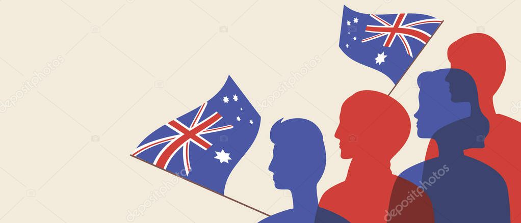 Silhouettes of the Australians, copy space template. Color vector stock illustration. People with the flag of Australia. Citizens are patriots. Overlay template. Illustration with place for text